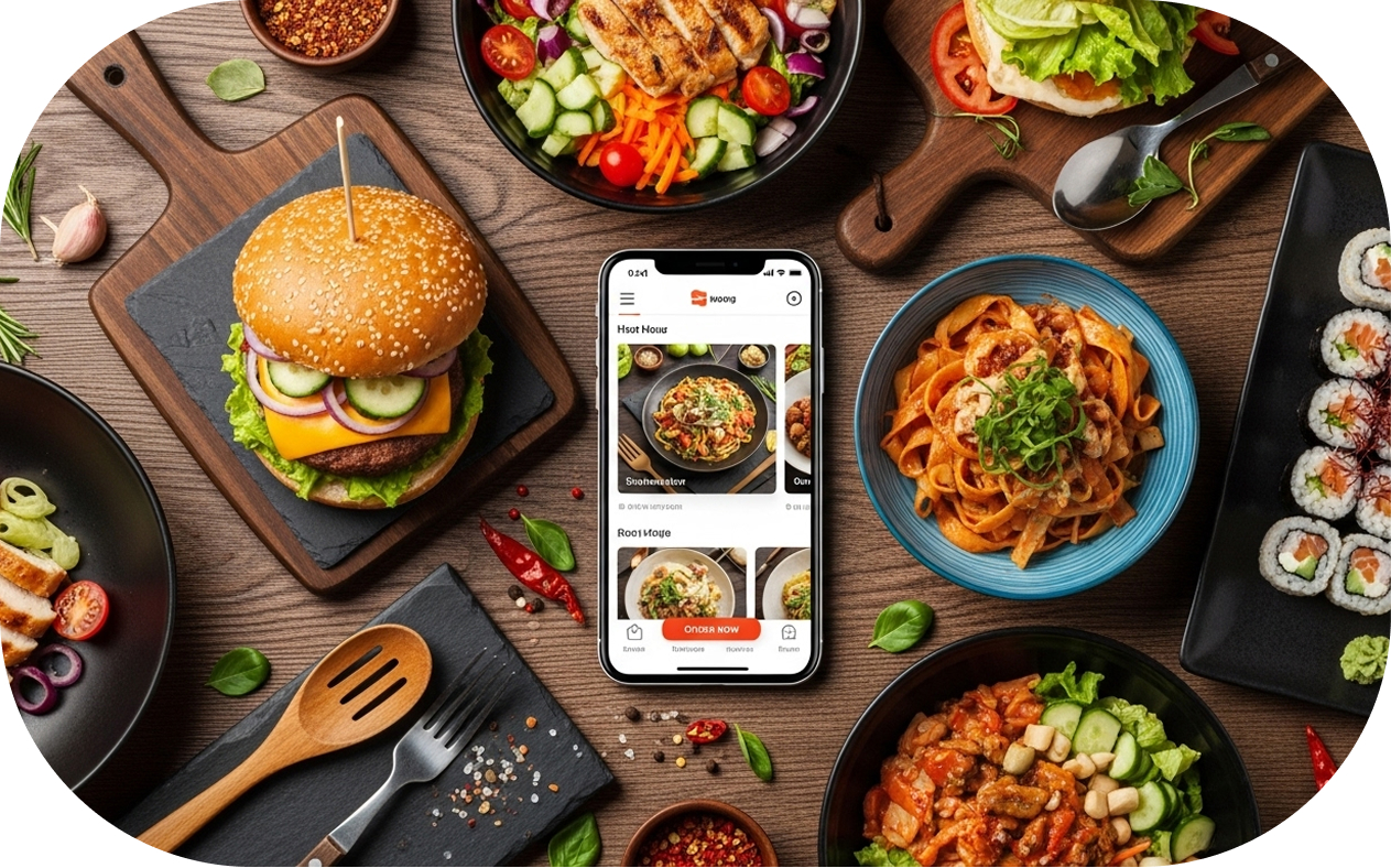 Variety of meals with burger, pasta, and salads on a wooden table
